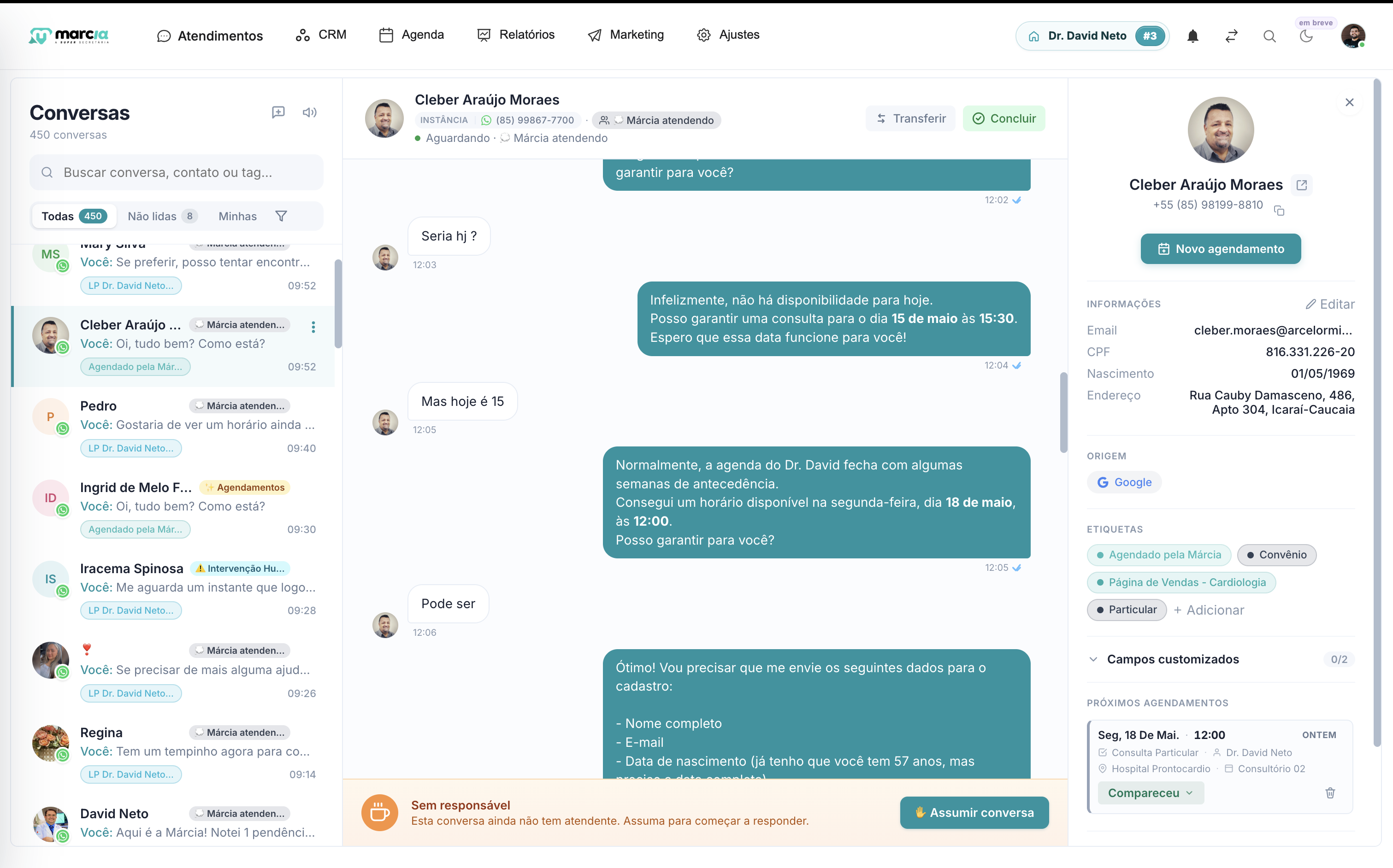 Interface do módulo Atendimento da Super Márcia – IA conversando com pacientes no WhatsApp