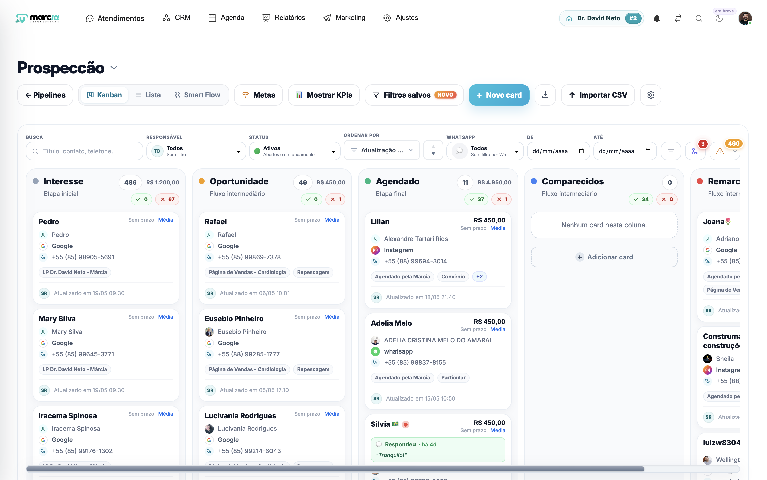 Interface do módulo CRM Pro da Super Márcia – pipeline e funil de pacientes