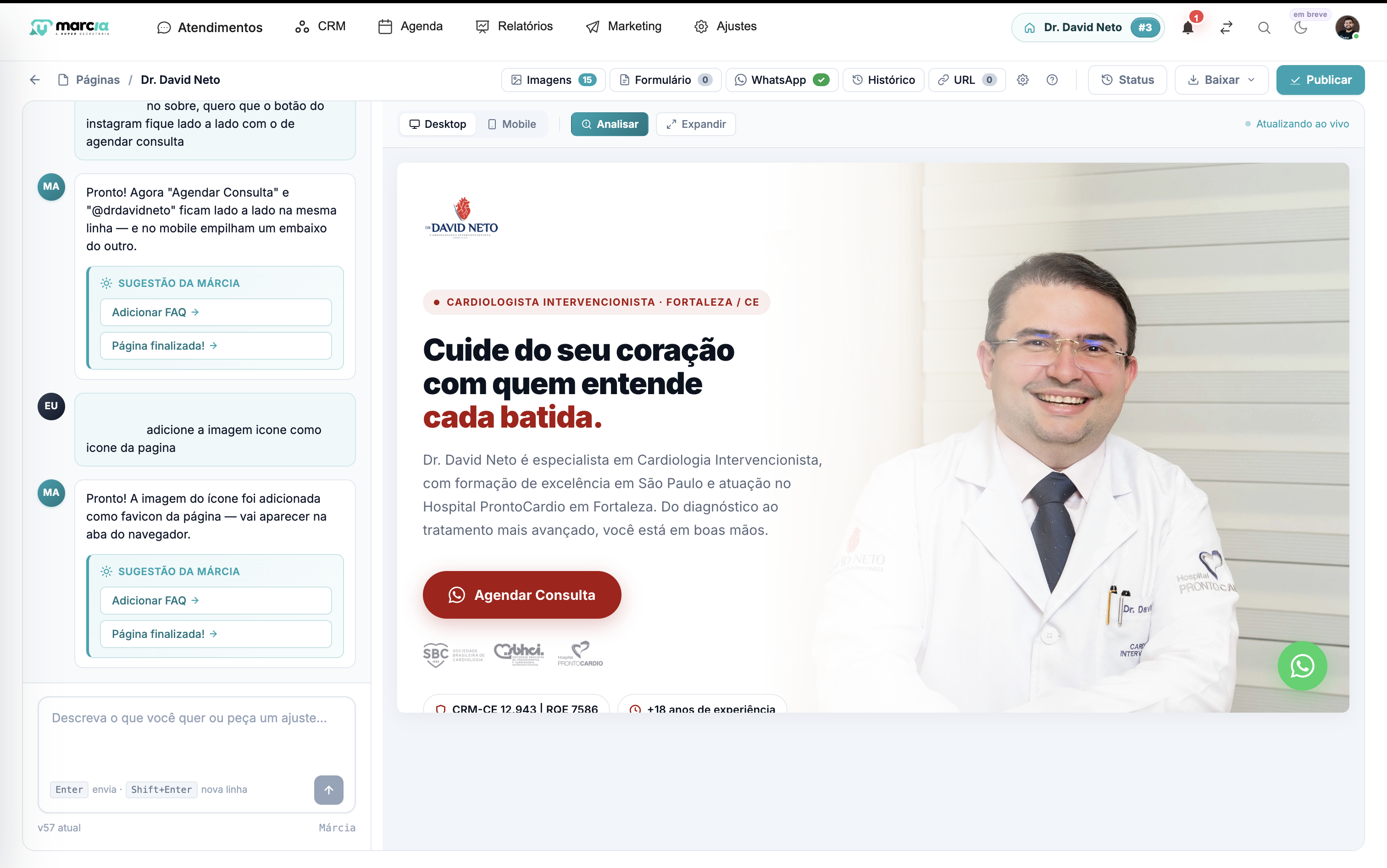 Interface do módulo Marketing da Super Márcia – Pages Studio com criação de landing pages por IA