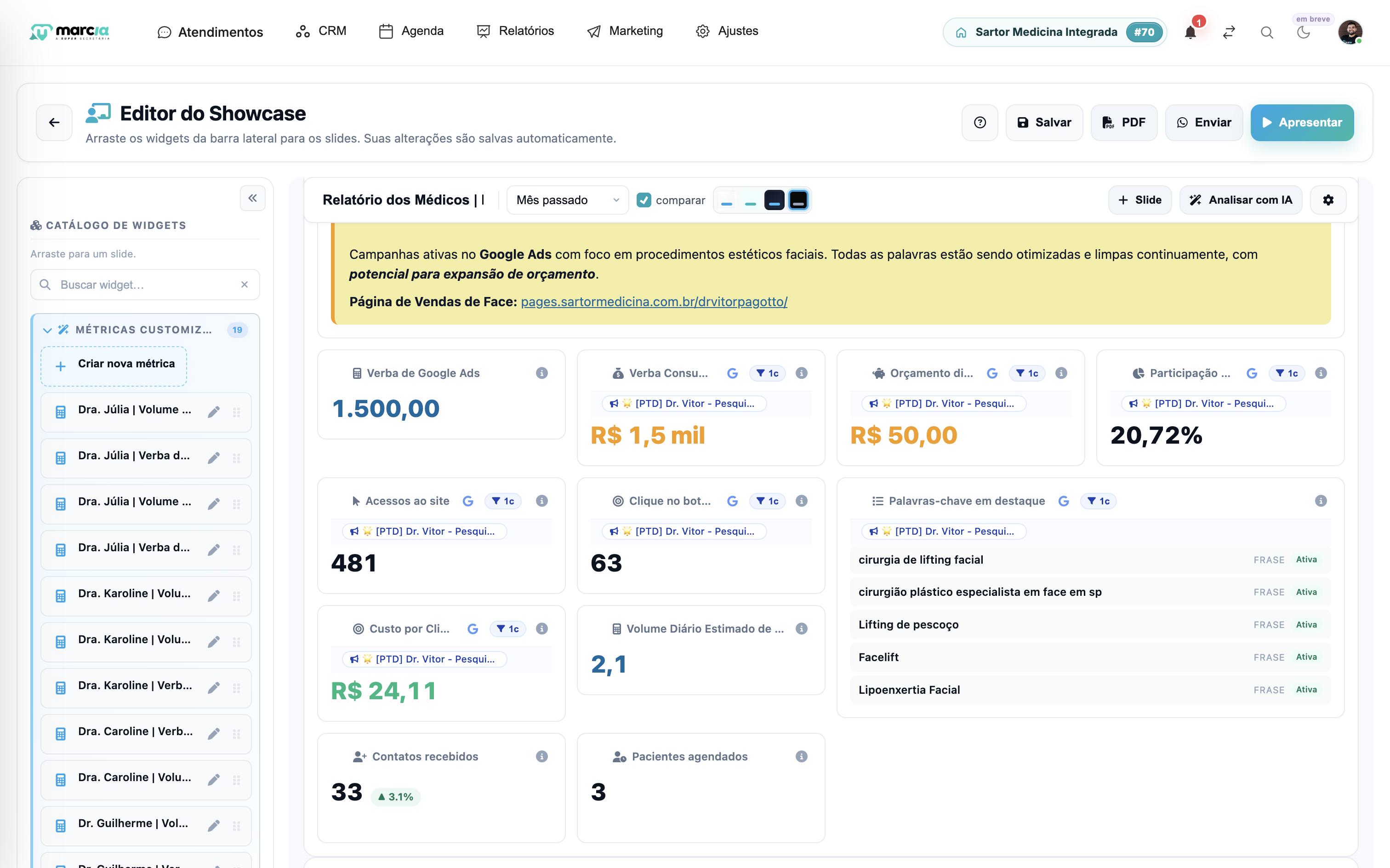 Interface do módulo Showcase da Super Márcia – BI com dashboards e indicadores para clínicas